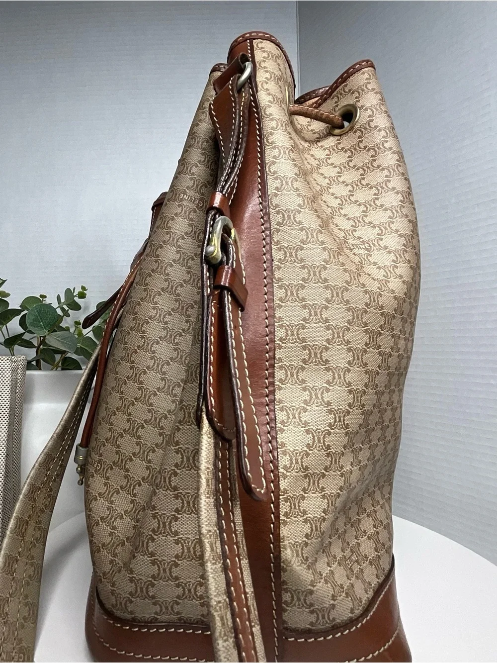 Brown Drawstring Bucket Bag with Leather Trim